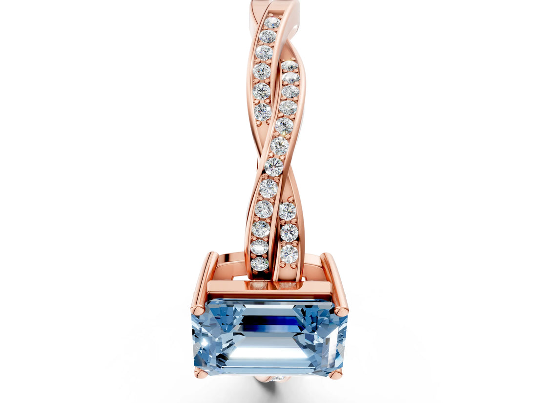 Rose gold Fancy Blue Emerald  Solitaire Twisted Pave Diamond Ring with Four-Prong Setting_12