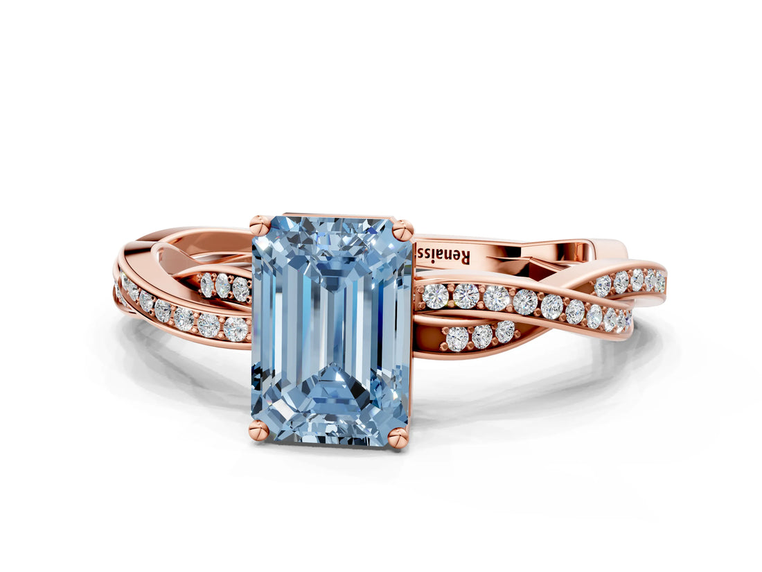 Rose gold Fancy Blue Emerald  Solitaire Twisted Pave Diamond Ring with Four-Prong Setting_81