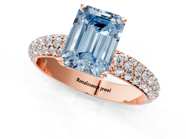 Rose gold Fancy Blue Emerald  Diamond Solitaire Ring with Prong Setting and Pavé Band