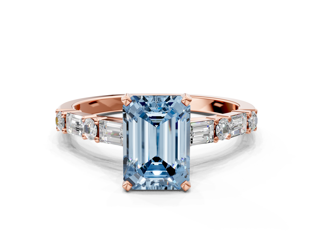 Rose gold Fancy Blue Emerald  Solitaire with Side Baguettes and Channel Set Band_78