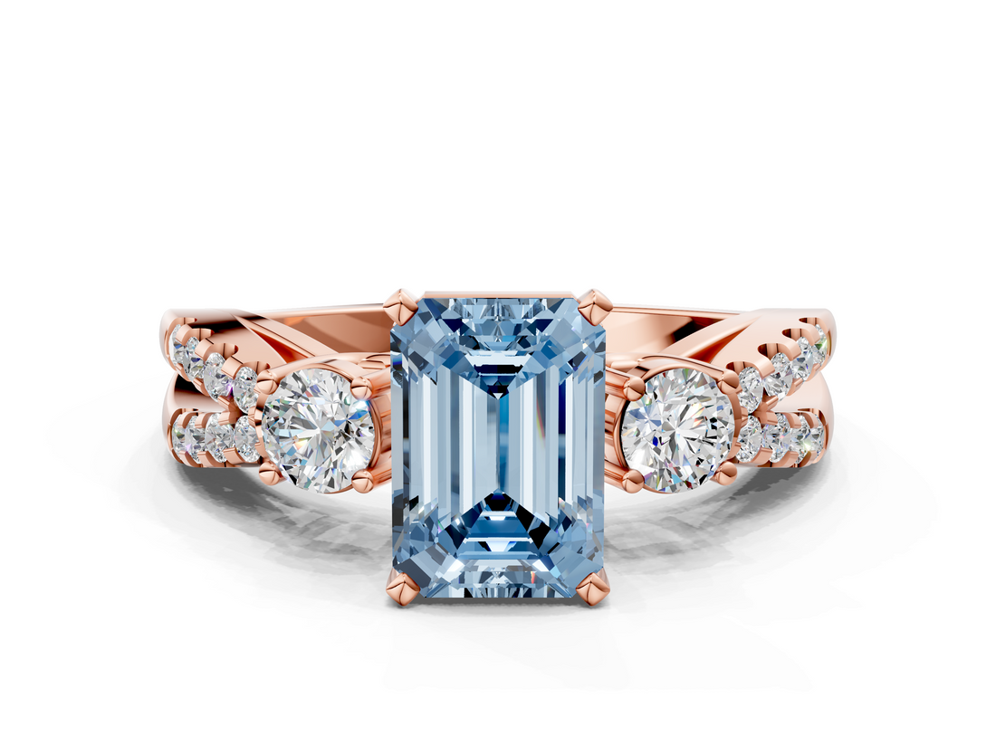 Rose gold Fancy Blue Emerald  Three-Stone Diamond Ring with Pavé Split Shank and Four-Prong Setting_79