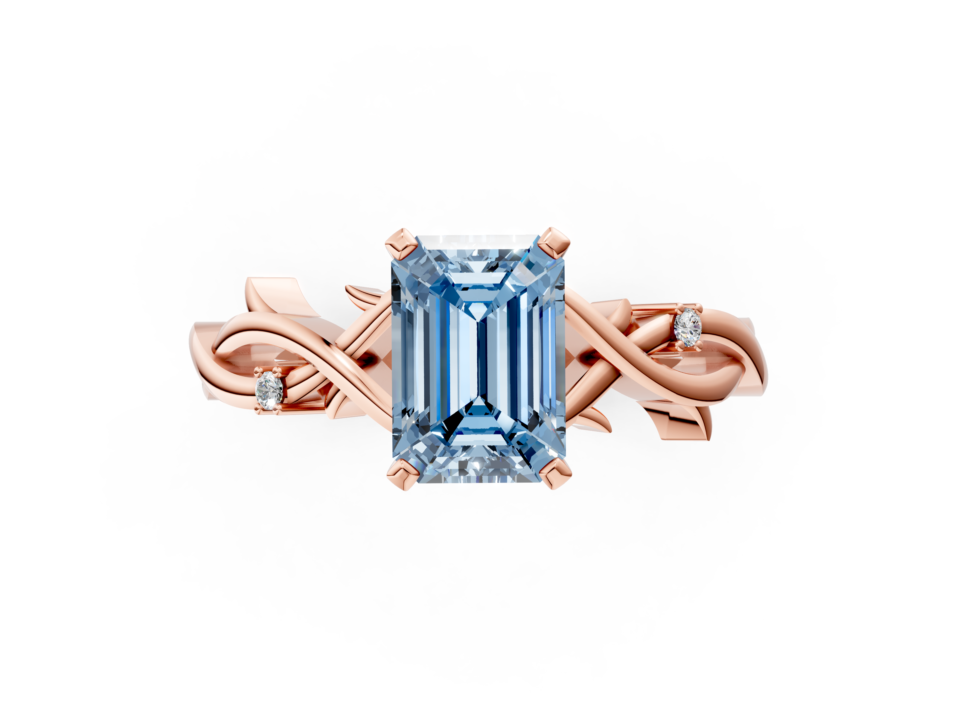 Rose gold Fancy Blue Emerald cut Solitaire Twisted Band Prong Setting Ring_131