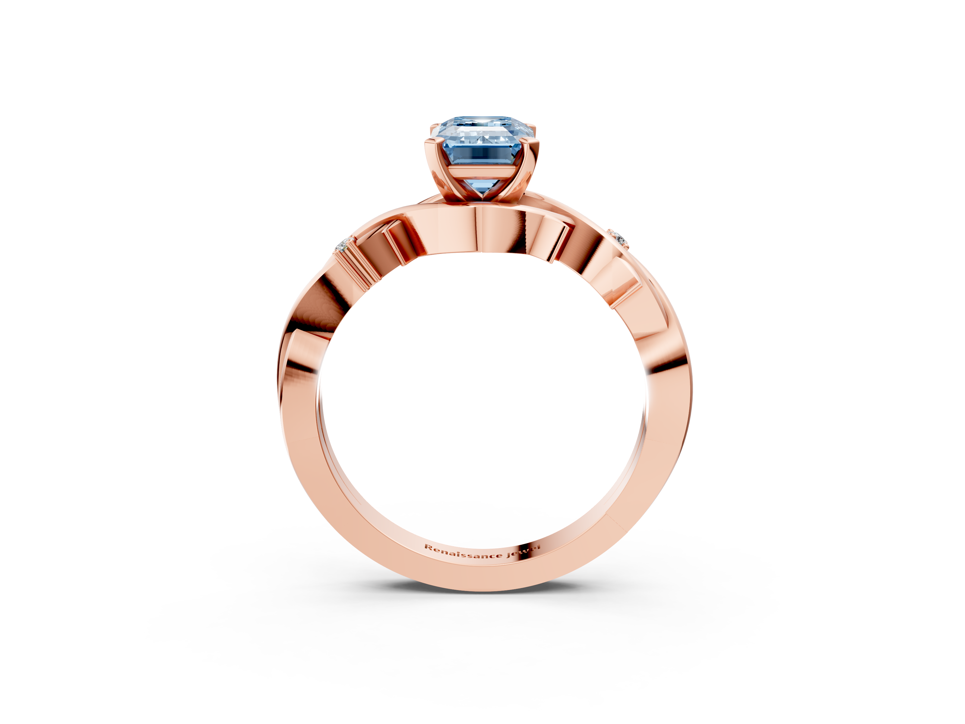 Rose gold Fancy Blue Emerald cut Solitaire Twisted Band Prong Setting Ring_134