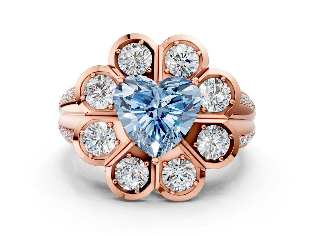 Rose gold Fancy Blue Heart  Brilliant Flower Halo Diamond Split Shank Ring_63