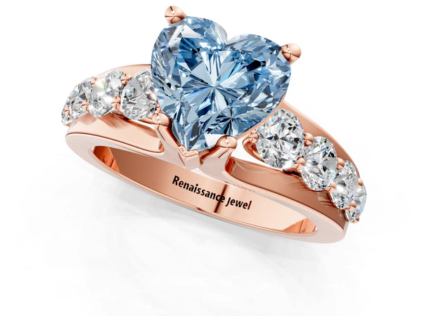 Rose gold Fancy Blue Heart  Brilliant Solitaire with Side Stones on a Pave Band and Four-Prong Setting