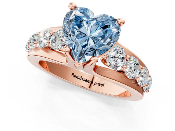 Rose gold Fancy Blue Heart  Brilliant Solitaire with Side Stones on a Pave Band and Four-Prong Setting