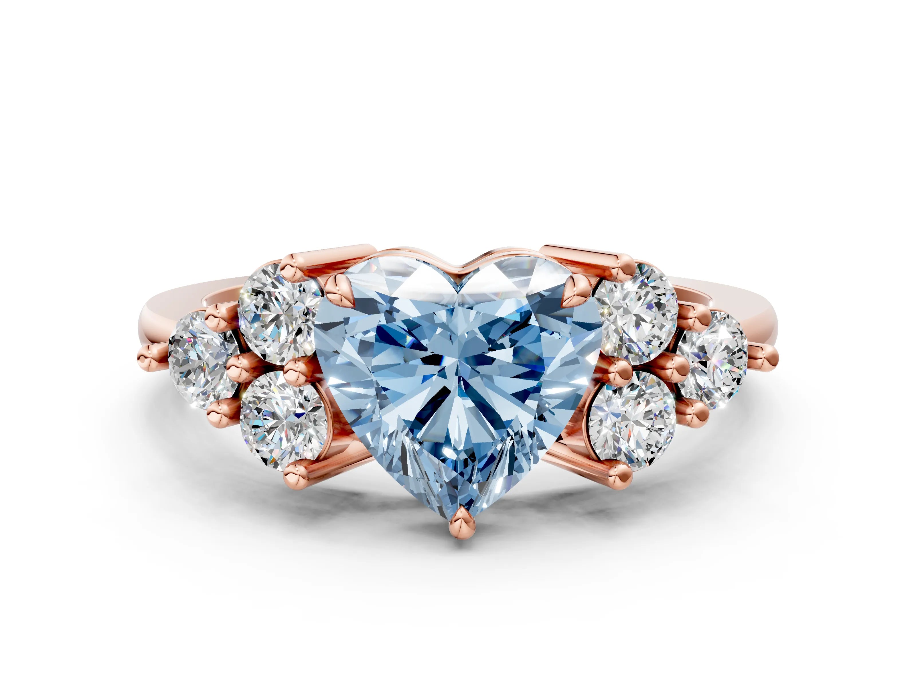 Rose gold Fancy Blue Heart Cut Brilliant Diamond Cluster Accent Solitaire Ring with Prong Setting