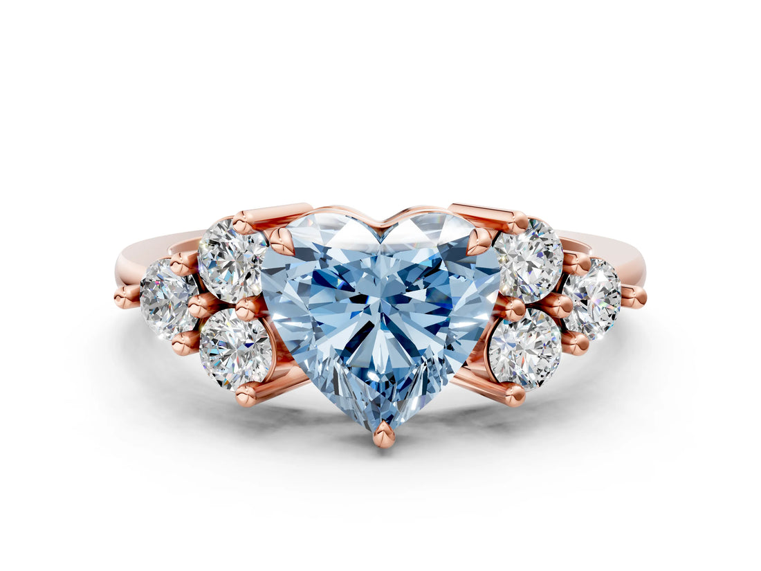 Rose gold Fancy Blue Heart Cut Brilliant Diamond Cluster Accent Solitaire Ring with Prong Setting