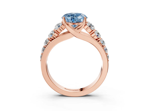 Rose gold Fancy Blue Heart Cut Brilliant Diamond Pavé Band with Six-Prong Setting