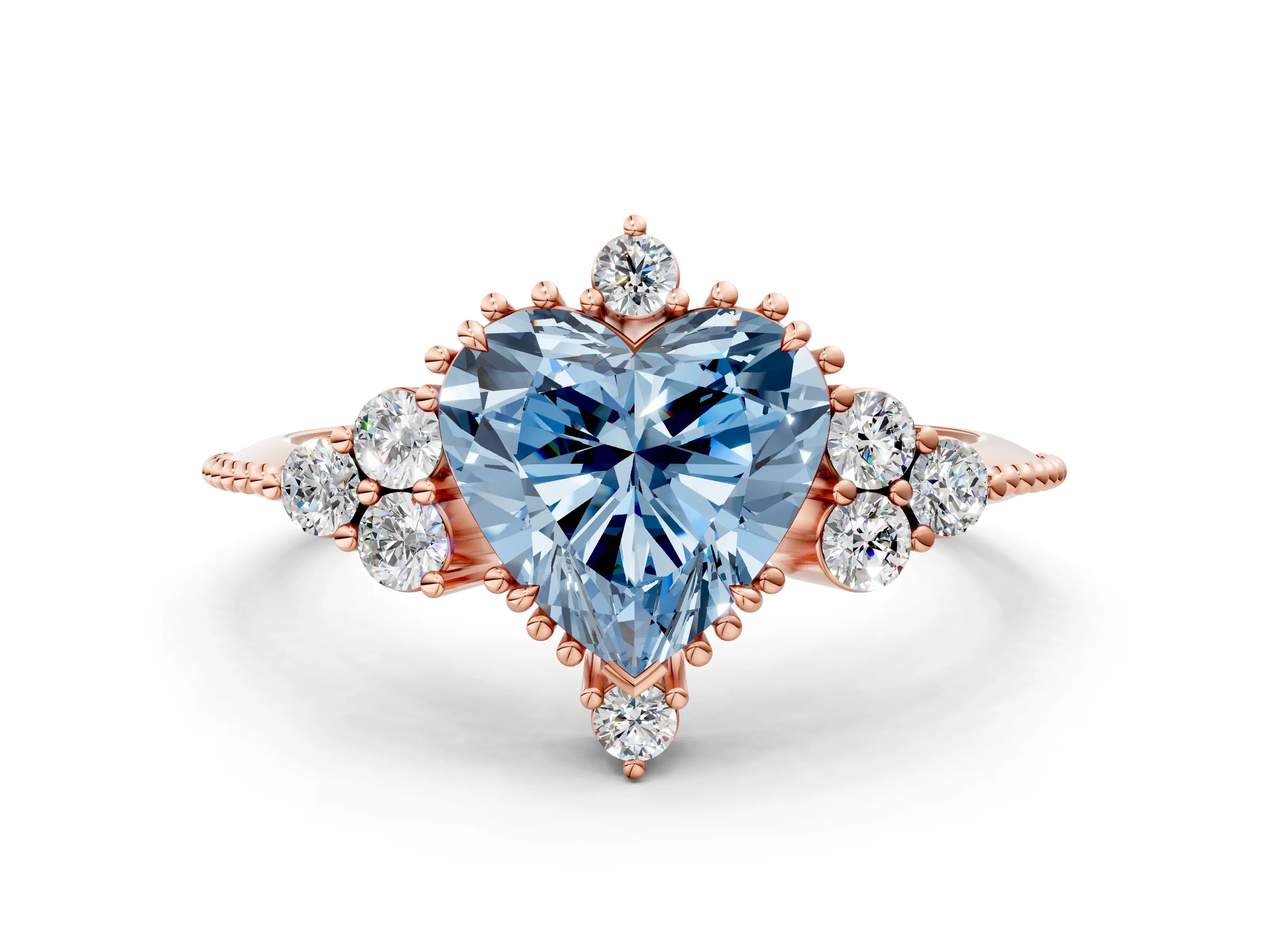 Rose gold Fancy Blue Heart Cut Brilliant Diamond with Cluster Setting on a Beaded Band and Four-Prong Setting