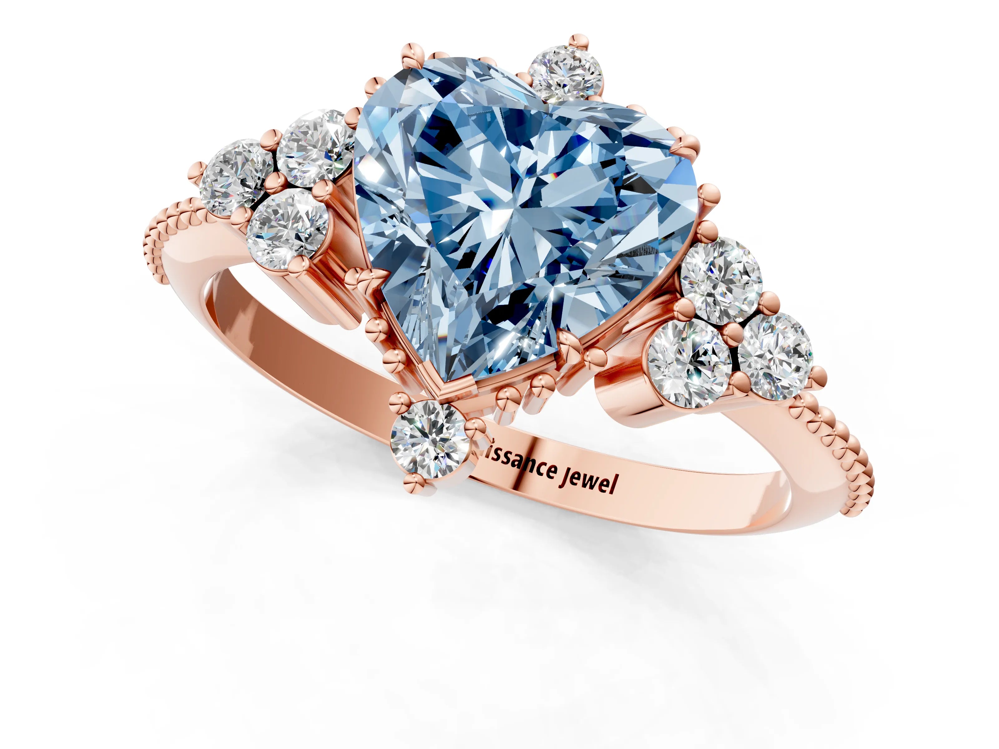 Rose gold Fancy Blue Heart Cut Brilliant Diamond with Cluster Setting on a Beaded Band and Four-Prong Setting_1
