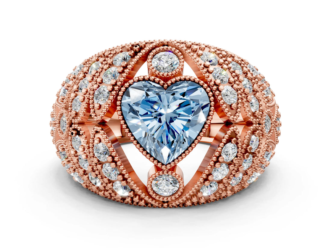 Rose gold Fancy Blue Heart Cut Brilliant Halo Pave Diamond Milgrain Ring