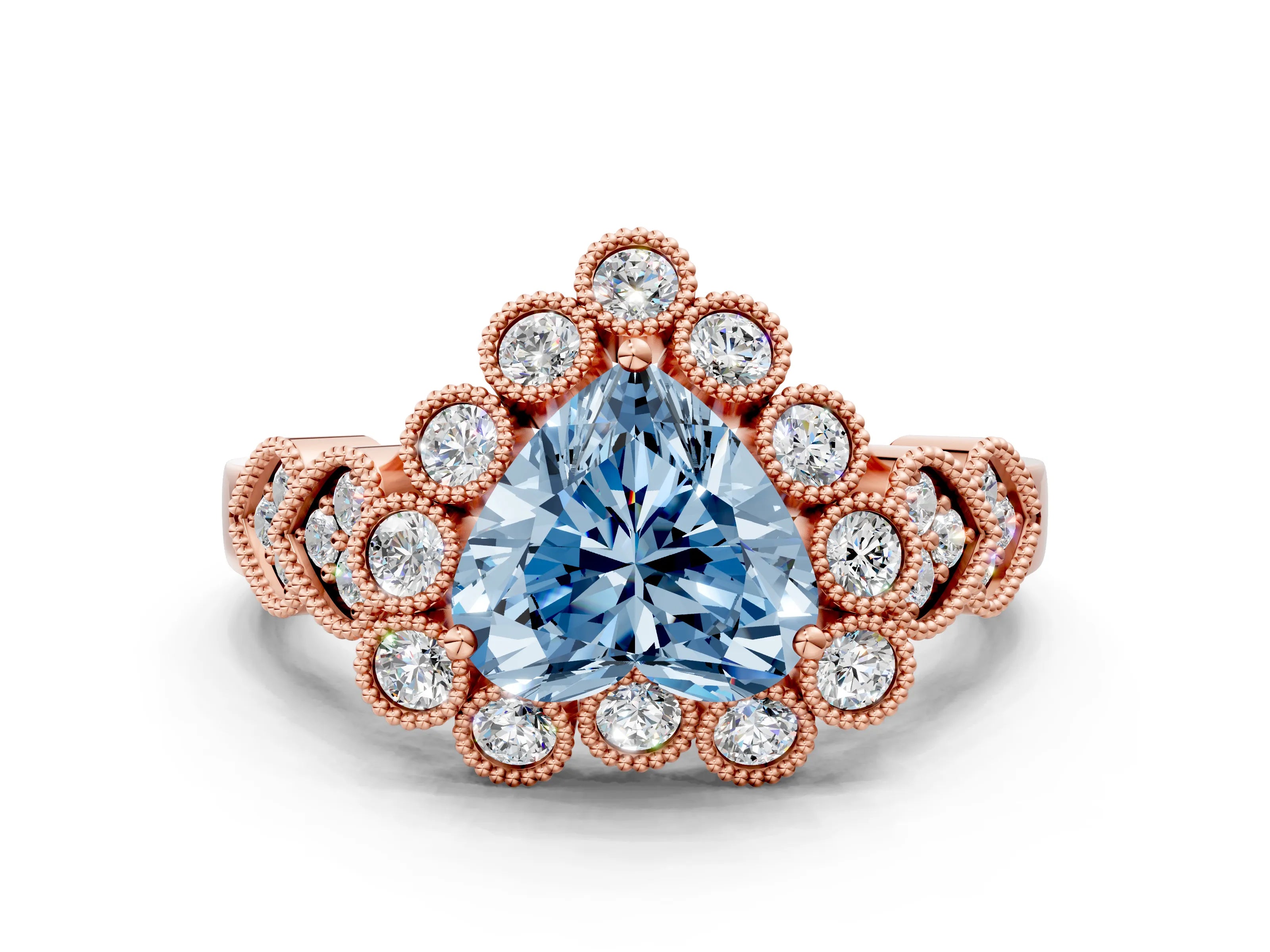 Rose gold Fancy Blue Heart Cut Brilliant Milgrain Pave Heart Band Solitaire Ring