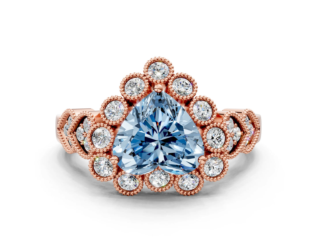 Rose gold Fancy Blue Heart Cut Brilliant Milgrain Pave Heart Band Solitaire Ring