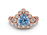 Rose gold Fancy Blue Heart Cut Brilliant Milgrain Pave Heart Band Solitaire Ring