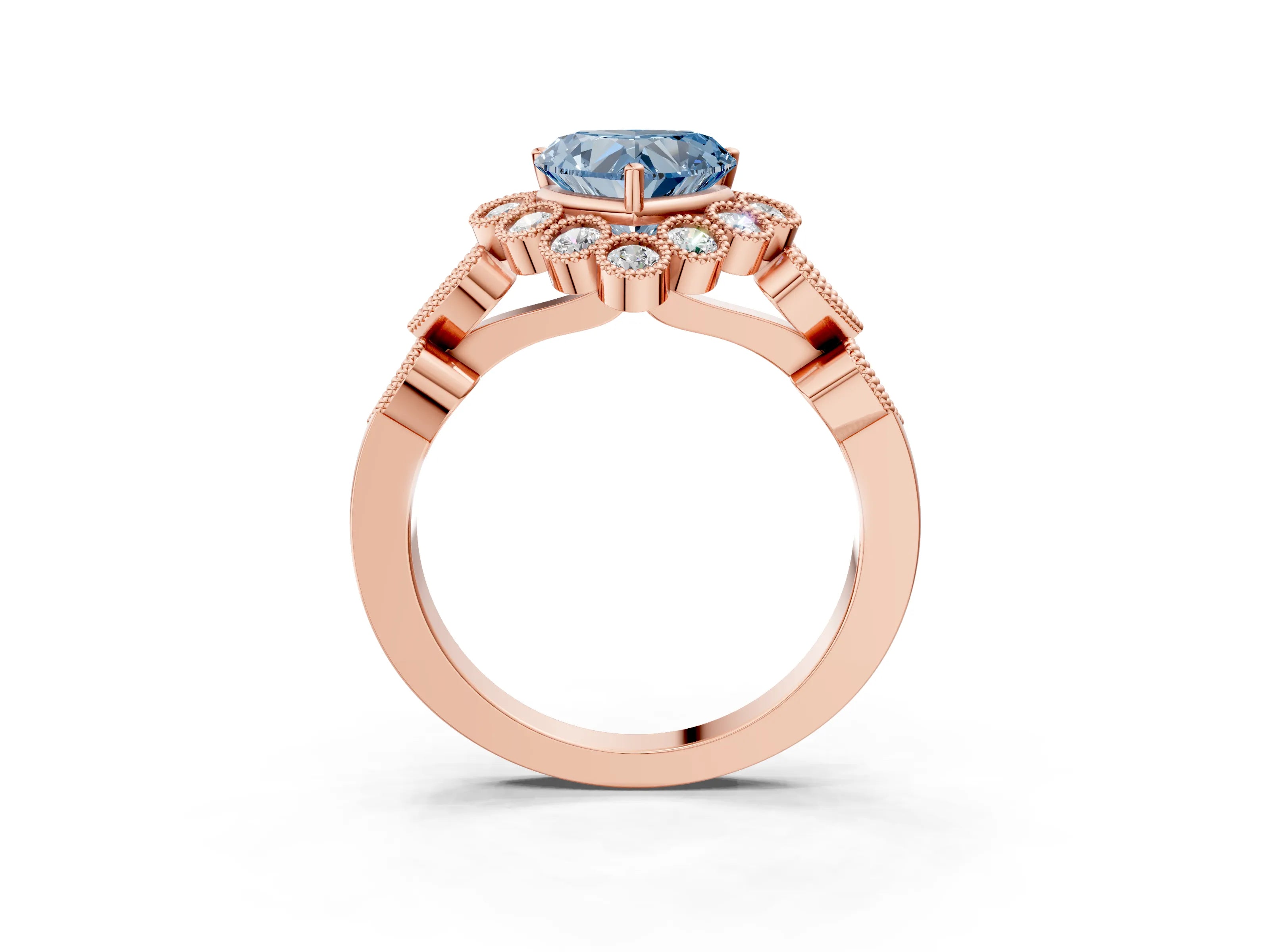 Rose gold Fancy Blue Heart Cut Brilliant Milgrain Pave Heart Band Solitaire Ring_3