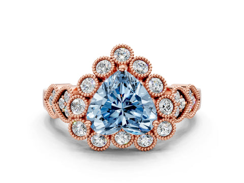 Rose gold Fancy Blue Heart Cut Brilliant Milgrain Pave Heart Band Solitaire Ring