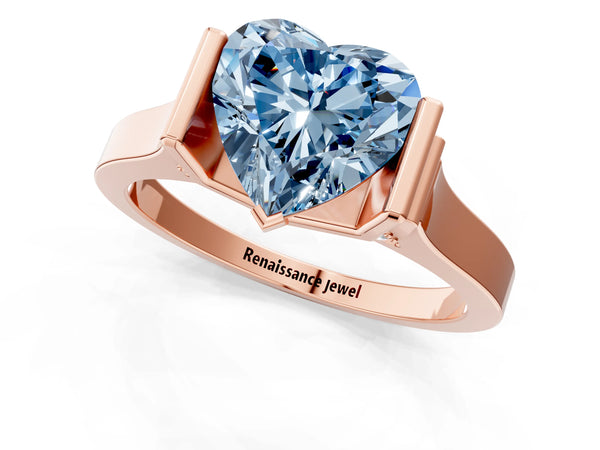 Rose gold Fancy Blue Heart Cut Brilliant Solitaire Diamond Ring with Channel Set Band and Bar Prong Setting