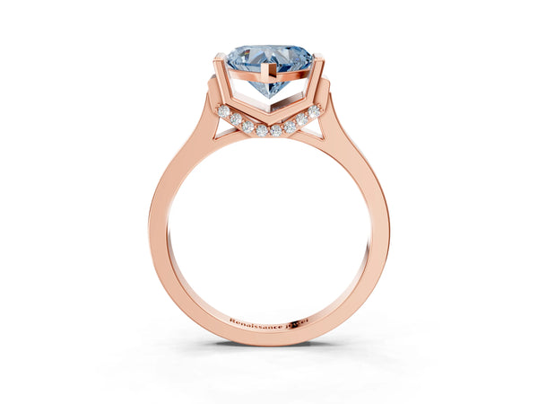 Rose gold Fancy Blue Heart Cut Brilliant Solitaire Diamond Ring with Channel Set Band and Bar Prong Setting