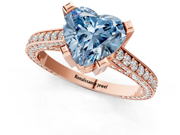 Rose gold Fancy Blue Heart Cut Brilliant Split Shank Pave Solitaire Ring with Four-Prong Setting
