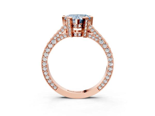Rose gold Fancy Blue Heart Cut Brilliant Split Shank Pave Solitaire Ring with Four-Prong Setting