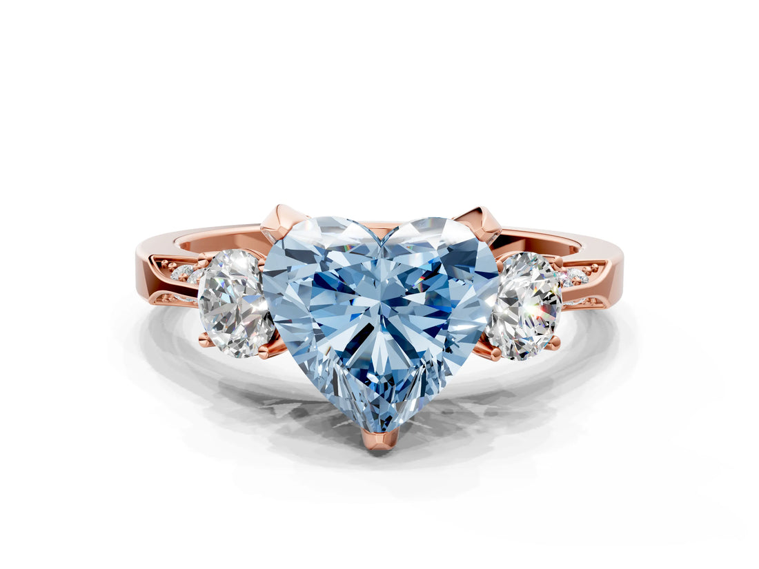 Rose gold Fancy Blue Heart Cut Brilliant Three-Stone Diamond Ring with Pavé Band and Four-Prong Setting_3