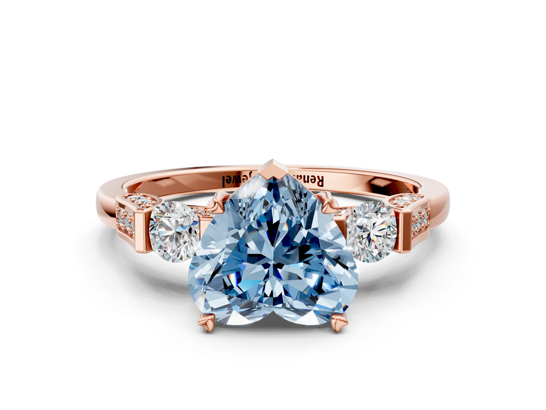 Rose gold Fancy Blue Heart Cut Brilliant Three-Stone Pave Band with Four-Prong Setting