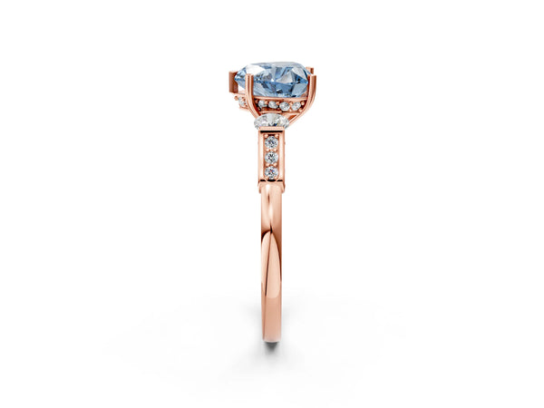 Rose gold Fancy Blue Heart Cut Brilliant Three-Stone Pave Band with Four-Prong Setting