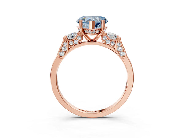 Rose gold Fancy Blue Heart Cut Brilliant Three-Stone Pave Band with Four-Prong Setting