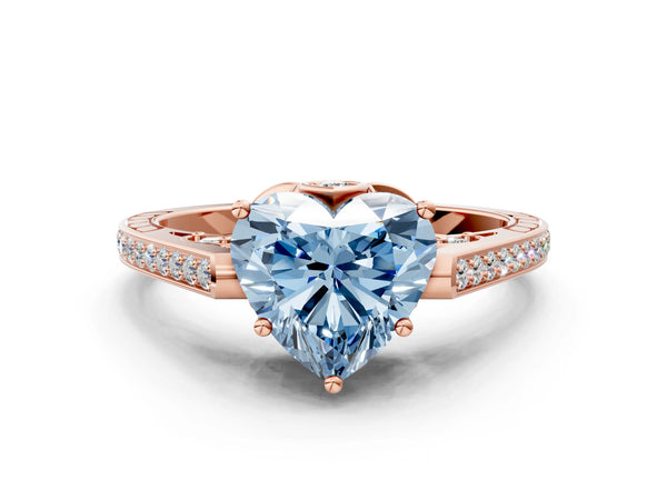 Rose Gold Heart-Shaped Cathedral Engagement Ring Setting for Fancy Blue Center with Pave Shoulders