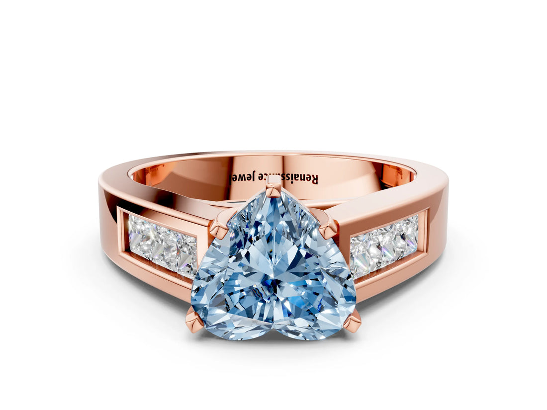 Rose gold Fancy Blue Heart Cut Cut Channel Set Solitaire Ring with Four-Prong Setting