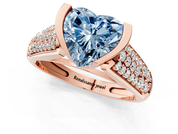 Rose gold Fancy Blue Heart Cut Diamond Channel Set Pave Band with Tension Prong Setting