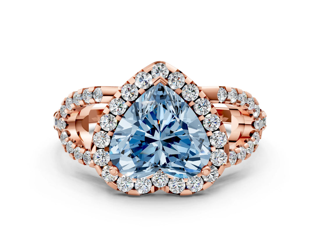 Rose gold Fancy Blue Heart Cut Cut Diamond Halo Engagement Ring with Open Split Pavé Band