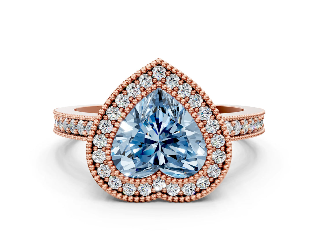 Rose gold Fancy Blue Heart Cut-Cut Diamond Halo Engagement Ring with Pave Band and Prong Setting
