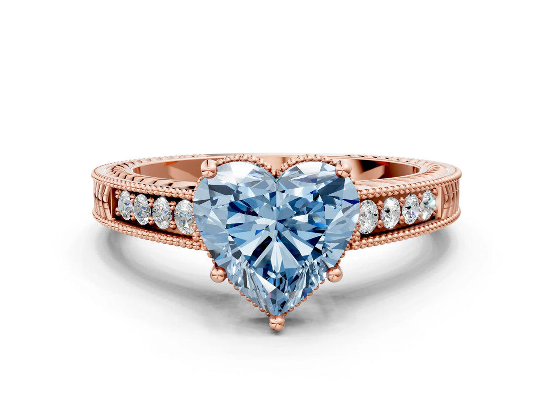 Rose gold Fancy Blue Heart Cut Cut Diamond Milgrain Pave Band Four-Prong Setting Ring_3