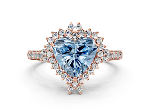 Rose gold Fancy Blue Heart Cut Cut Diamond Sunburst Halo Engagement Ring with Pavé Band