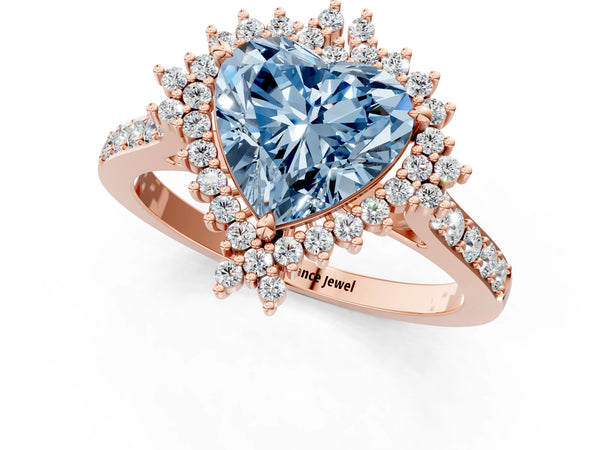 Rose gold Fancy Blue Heart Cut Cut Diamond Sunburst Halo Engagement Ring with Pavé Band
