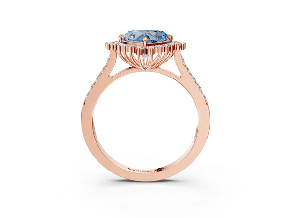 Rose gold Fancy Blue Heart Cut Cut Diamond Sunburst Halo Engagement Ring with Pavé Band