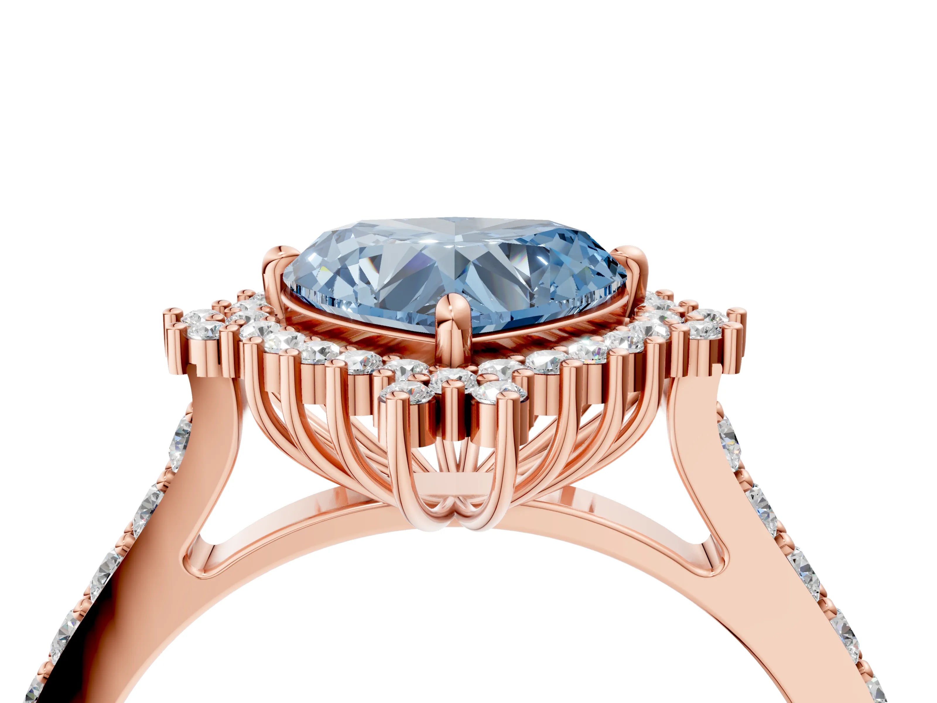 Rose gold Fancy Blue Heart Cut Cut Diamond Sunburst Halo Engagement Ring with Pavé Band_4
