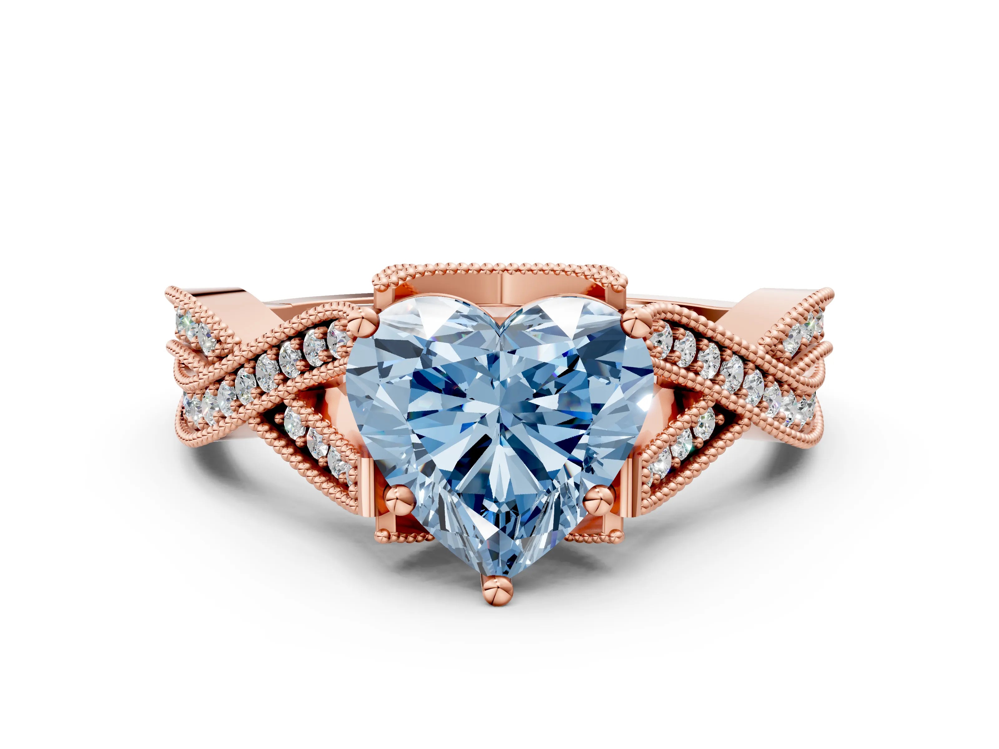 Rose gold Fancy Blue Heart Cut Cut Diamond Twisted Band with Milgrain Pave Setting and Four-Prong Setting