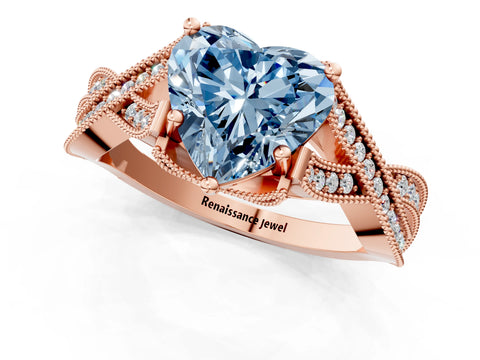 Rose gold Fancy Blue Heart Cut Cut Diamond Twisted Band with Milgrain Pave Setting and Four-Prong Setting_1