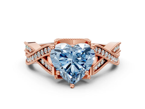 Rose gold Fancy Blue Heart Cut Cut Diamond Twisted Band with Milgrain Pave Setting and Four-Prong Setting