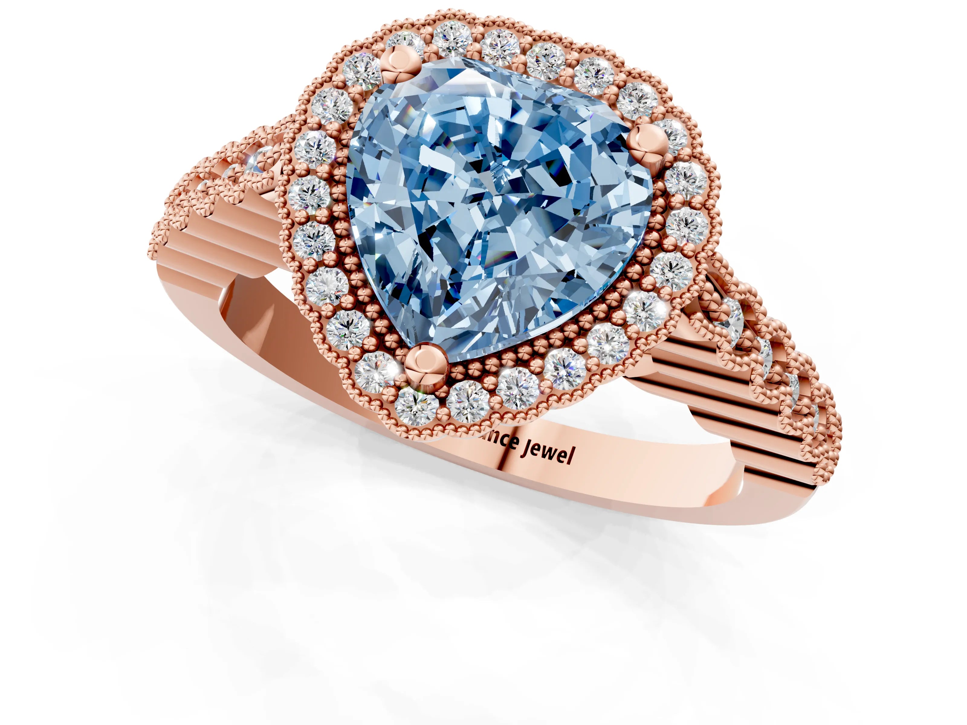 Rose gold Fancy Blue Heart Cut Cut Halo Pavé Solitaire Ring with Milgrain Band_1