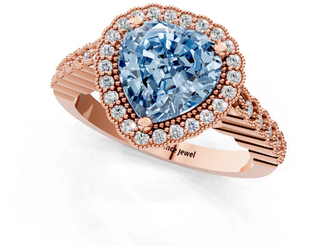 Rose gold Fancy Blue Heart Cut Cut Halo Pavé Solitaire Ring with Milgrain Band_1