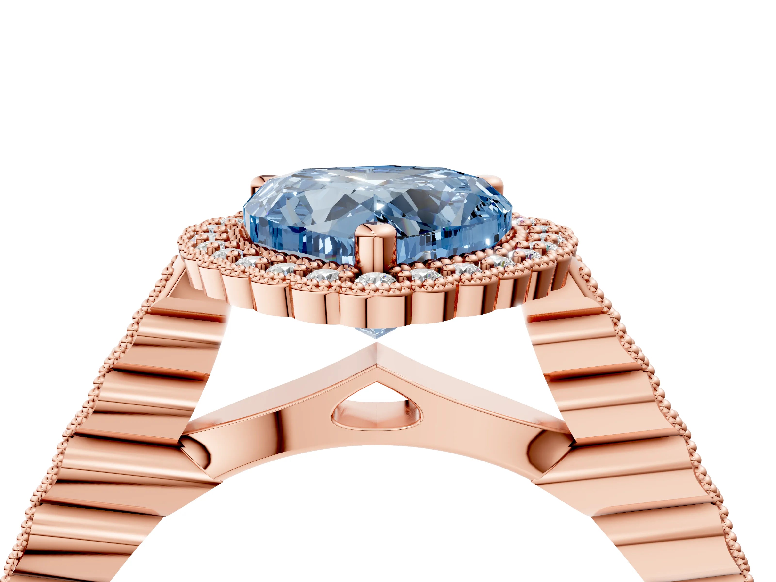 Rose gold Fancy Blue Heart Cut Cut Halo Pavé Solitaire Ring with Milgrain Band_4
