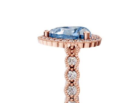 Rose gold Fancy Blue Heart Cut Cut Halo Pavé Solitaire Ring with Milgrain Band_5