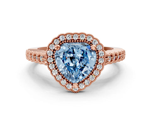 Rose gold Fancy Blue Heart Cut Cut Halo Pavé Solitaire Ring with Milgrain Band