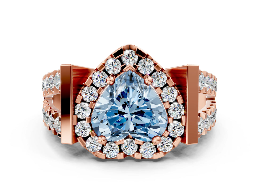 Rose gold Fancy Blue Heart Cut Cut Halo Split Shank Prong Set Ring
