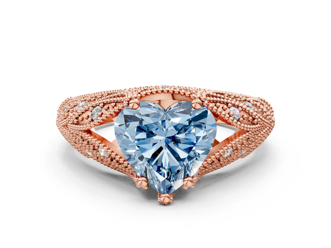 Rose gold Fancy Blue Heart Cut Cut Milgrain Pave Diamond Engagement Ring with Four-Prong Setting_3