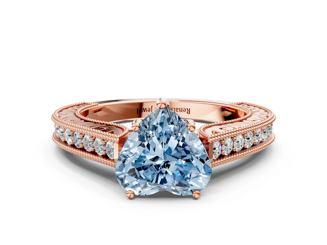 Rose gold Fancy Blue Heart Cut Cut Pave Band Milgrain Solitaire Ring